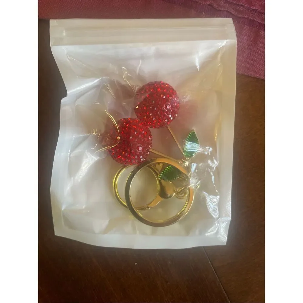Red Cherry Rhinestone Keychain Sparkle Pendant Bag Charm Cute Accessory